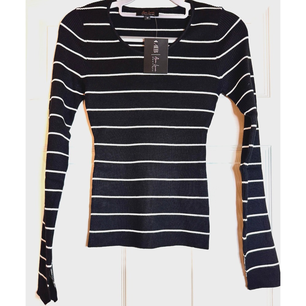 Ava Lane Boutique Women's M Ribbed Fitted Black w/White Stripe LS Pullover